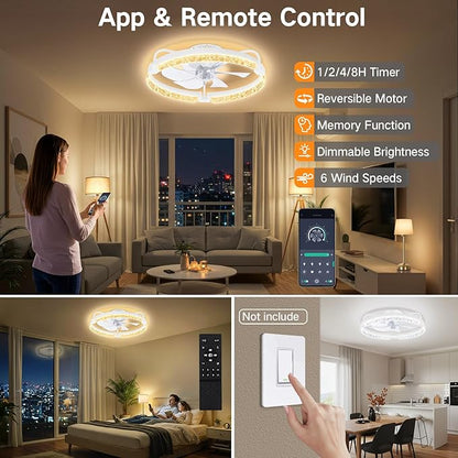 OUTON 20" Fandelier Low Profile Ceiling Fan with Light, Remote & App Control, Flush Mount Ceiling Fan with 3000K-6500K Stepless Dimmable, 6 Speed, Quiet DC Motor, Small Modern Fans for Bedroom White