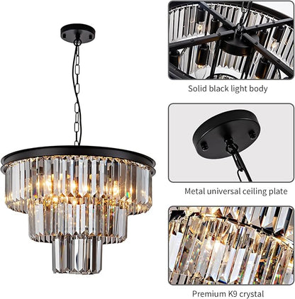 8 Light Black Crystal Chandelier 20'' Luxury Smoke Modern Dining Room Light Fixture 3-Tier Round Hanging Pendant Ceiling Lighting for Entryway Foyer Living Room Adjustable Height E12