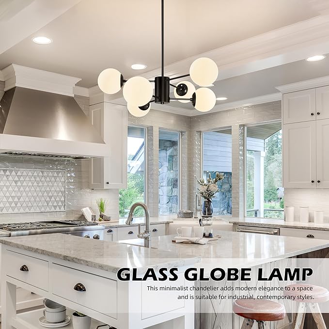Bagood 6-Light Sputnik Chandelier Black Sputnik Chandeliers Modern Mid Century Globe Pendant Light Matte Black Finished with White Frosted Globe Glass Lampshade for Dining Room Bedroom Kitchen