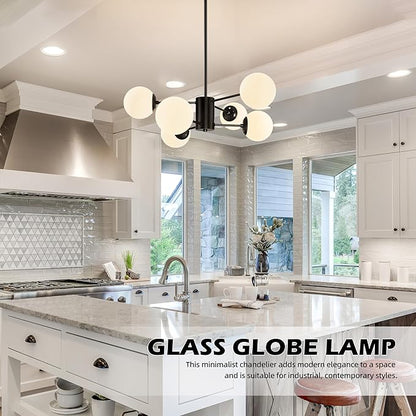 Bagood 6-Light Sputnik Chandelier Black Sputnik Chandeliers Modern Mid Century Globe Pendant Light Matte Black Finished with White Frosted Globe Glass Lampshade for Dining Room Bedroom Kitchen