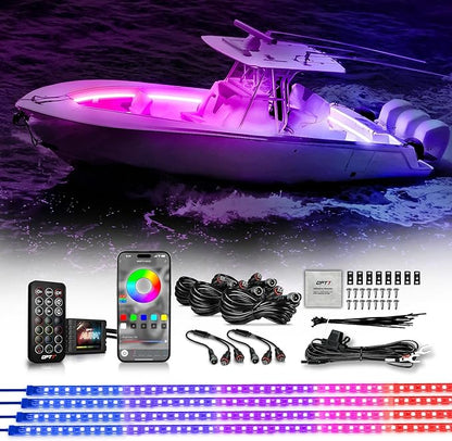 OPT7 Aura DreamColor Boat Lights Waterproof, 12V RGB-IC Marine LED Strips with APP & Remote Control, Multi Color Chasing Lighting Kit, Interior Deck Light for Pontoon Jon Bass Boat, Outdoor Gifts