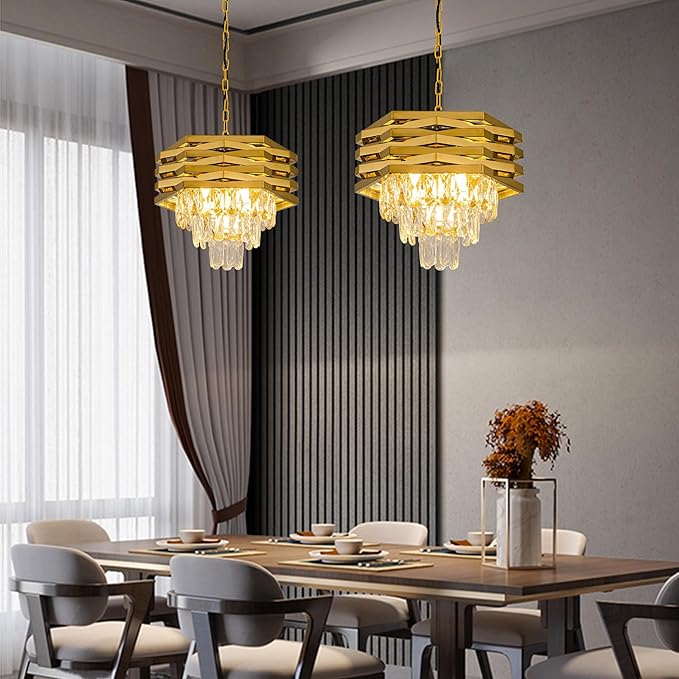 15.75" Gold Crystal Chandelier 5-Light Modern Crystal Pendant Light 3-Tier Luxury K9 Hanging Dining Room Lighting Fixtures for Bedroom Living Room Office Hallway Foyer Entryway Kitchen Sink
