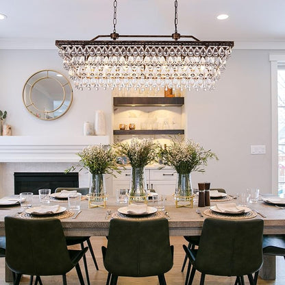 Wellmet Dining Room Crystal Chandelier 40 Inch Antique Bronze Rectangle Chandeliers 7 Lights Farmhouse Hanging Ceiling Large Light Fixtures for Kitchen Island, Living Room, Entryway