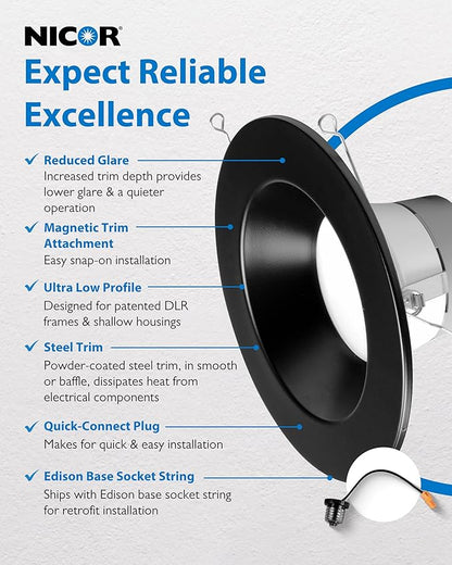 Recessed Ceiling Lights LED Downlight - Dimmable 5/6 inch LED Recessed Light Fixtures - Selectable CCT 2700K-5000K, 918 Lumens, 10.3W - DLR56 Retrofit Ceiling Light, Black, 1-Pk by NICOR Lighting