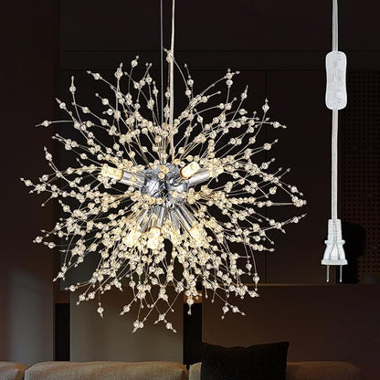 SineRise Modern Crystal Chandeliers Firework, Crystal Light Fixture, Dandelion Chandelier (8-Light, Chrome) for Foyer Hallway Entryway Kitchen Bedroom with Plug in (Bulbs Not Included)