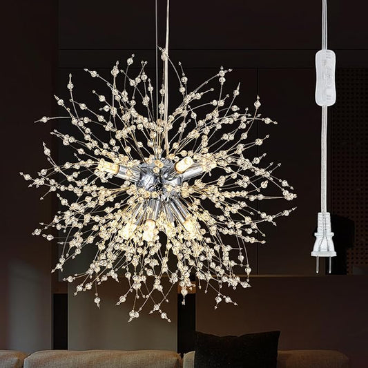 SineRise Modern Crystal Chandeliers Firework, Crystal Light Fixture, Dandelion Chandelier (8-Light, Chrome) for Foyer Hallway Entryway Kitchen Bedroom with Plug in (Bulbs Not Included)