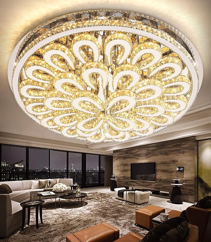 47'' Modern Crystal Chandeliers for Living Room Large Chandelier Ceiling Light Fixture LED Dimmable with Remote Flush Mount Lighting for Dining Room Bedroom Silver
