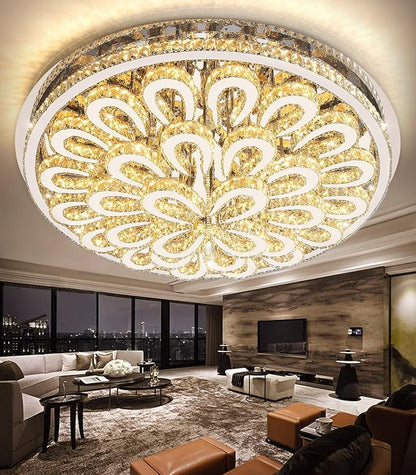 47'' Modern Crystal Chandeliers for Living Room Large Chandelier Ceiling Light Fixture LED Dimmable with Remote Flush Mount Lighting for Dining Room Bedroom Silver