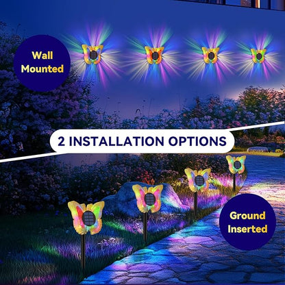 Solar Butterfly Lights Outdoor-Color-Changing 3D Glow-2-in-1 Wall & Ground-Butterfly Lights for Outside-Waterproof Garden Decorations for Patio Lawn Yard Fence Backyard Decor (4 Pack)