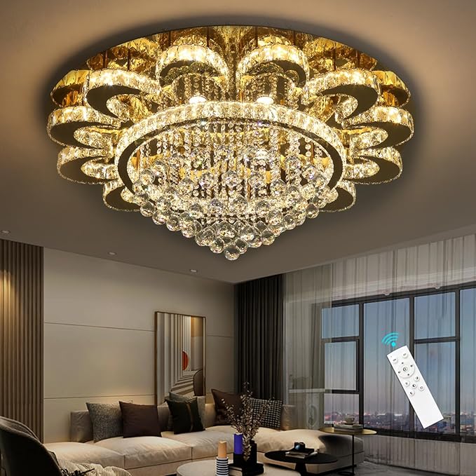 HAIXIANG Modern Chandelier Living Room Light Glam Chandeliers Ceiling Light Fixture Remote Dimmable Lights 40 Inches Luxury Crystal Gold Dining Room Lights