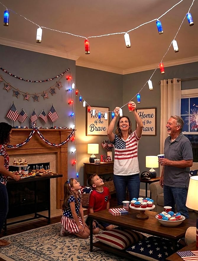 8.5Ft 4th of July String Lights, 10L LED Red White and Blue Shotgun Shell Lights Plug in for Home Classroom Porch Backyards Tree Patriotic Holiday Decorations, Indoor and Outdoor Use