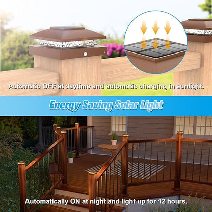 VOLISUN 4x4 Solar Post Cap Light 6pack,Solar Fence - Post Lights Brown Outdoor Waterproof for Wooden/Vinyl Post, with Warm White for Deck