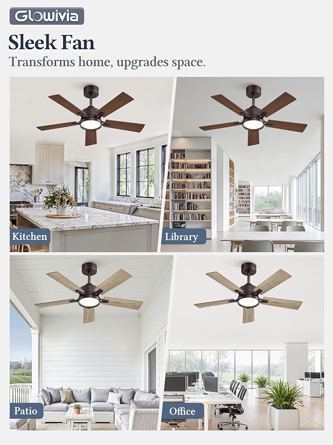 42 Inch Ceiling Fan with Lights and Remote, Smart APP Control, Dimmable with All-Setting Memory, Quiet DC Motor Reversible Blades, Damp Rated Modern Ceiling Fan for Bedroom Patio Living Room