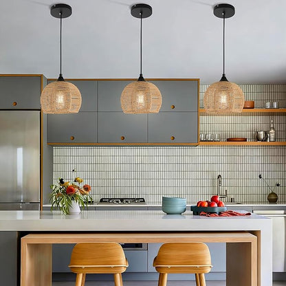 Wicker Pendant Lights Kitchen Island Natural Woven Pendant Light Boho Chandelier Fixture Dome Rustic Farmhouse Pendant Lights Rattan Light Fixture for Dining Room Kitchen Island