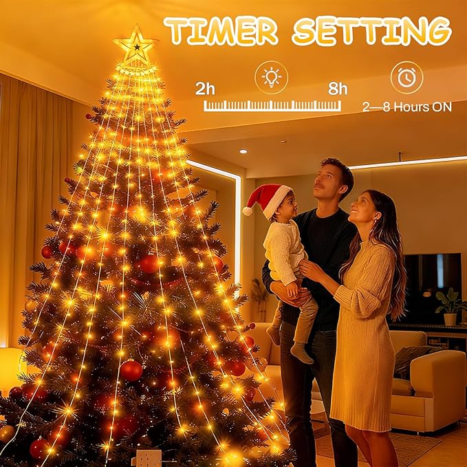 Star String Lights, 350 LED Tree Waterfall Fairy Lights, Outdoor Waterproof Christmas Decoration Lights with Remote, 16FT X 9 Hanging LED Lamp for Garden Yard Wedding Birthday Festival, Warm Yellow