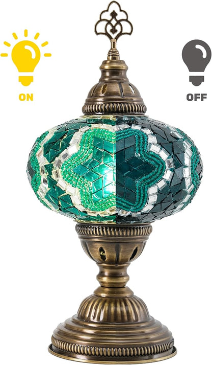 Turkish Mosaic Table Lamp with Bulb – Handmade Turquoise-Teal Stained Glass Light, Vintage Bohemian Bedroom & Living Room Decor, E12 Socket & US Plug