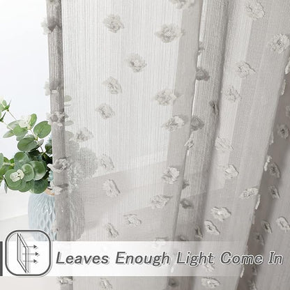 MYSKY HOME Grey Sheer Short Curtains for Kitchen 54 inch Long with Pom Pom Small Windows Bedroom Nursery Kids Girls Room Curtains Cafe Light Filtering Boho Drapes, Rod Pocket,52" Wide, 2 Panels