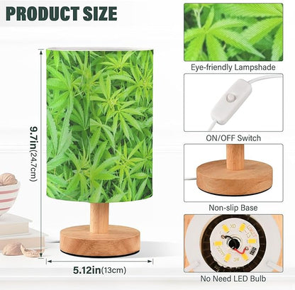 Table Lamp Marijuana Plant Green Cannabis Hemp Leaf Nightstand Lamp with Wood Base Fabric Lamp Shade Bedside Desk Lamp for Living Room Bedroom Kids Room Office