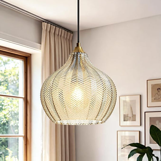 Amber Glass Gold Pendant Light, Farmhouse Kitchen Island Pendant Light Fixture Water Drop Shade, Adjustable Vintage Hanging Ceiling Light for Dining Room Corridor 1 Pack, UL Certification