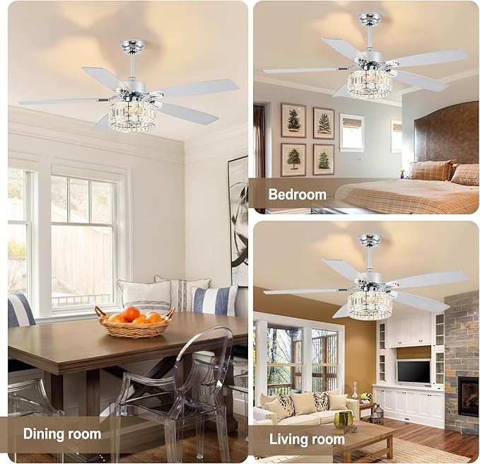 Chandelier Ceiling Fans with Lights and Remote,Caged Ceiling Fan with Light,App 5 Blades E26 Fandelier Ceiling Fans with Lights,Crystal Ceiling Fan for Bedroom,Living Room. (Nickel, 52 Inch)