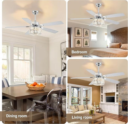 Chandelier Ceiling Fans with Lights and Remote,Caged Ceiling Fan with Light,App 5 Blades E26 Fandelier Ceiling Fans with Lights,Crystal Ceiling Fan for Bedroom,Living Room. (Nickel, 52 Inch)