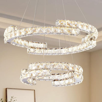 Depuley Modern LED Crystal Chandeliers: 23.6" Curved Ring Chandelier Hanging Crystal Ceiling Light Fixture - 65W Adjustable Height Pendant Light for Living Room Dining Room Bedroom Foyer
