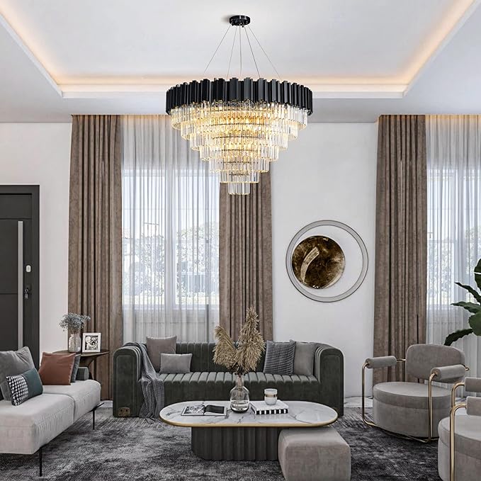 40" Black Chandelier, 21-Light Modern Crystal Chandelier, 7-Tier Round Chandeliers for Dining Room, Living Room, Bedroom, Foyer, Entryway, Kitchen, Restaurant, Luxury Tiered K9 Crystal Light Fixture