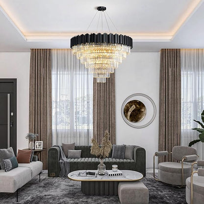 40" Black Chandelier, 21-Light Modern Crystal Chandelier, 7-Tier Round Chandeliers for Dining Room, Living Room, Bedroom, Foyer, Entryway, Kitchen, Restaurant, Luxury Tiered K9 Crystal Light Fixture
