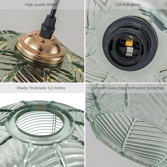 Plug in Pendant Lighting, 8.6" Green Glass Pendant Light Plug in Hanging Light Fixture with Cord, Mid Century Modern Hanging Lamp for Living Room Bedroom Dining Room Kitchen