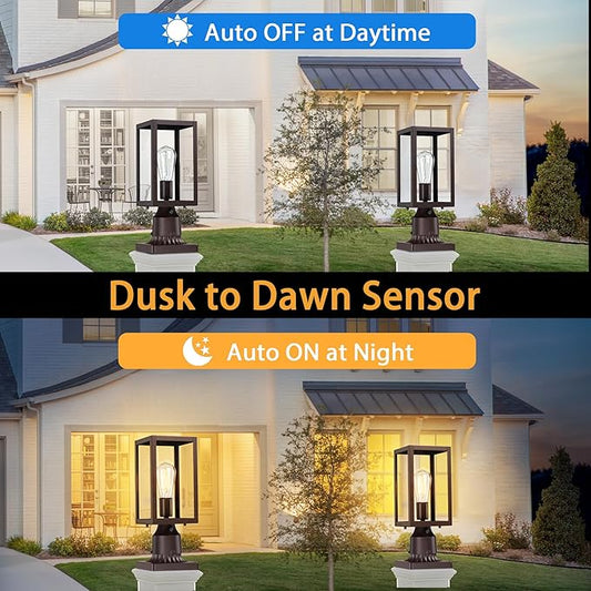 Dusk to Dawn Outdoor Post Lights with Pier Mount Base 2-Pack, Modern Lamp Post Light Fixture Waterproof Pole Lights Outdoor Column Lights Exterior Post Lantern with Clear Glass for Garden Patio, Brown