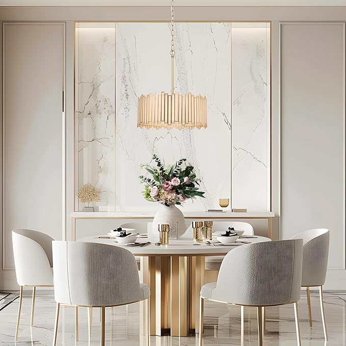 KSANA Gold Drum Chandelier, Modern Drum Pendant Light Fixture with Cream Glass Shade for Dining & Living Room, Bedroom, Foyer and Kitchen