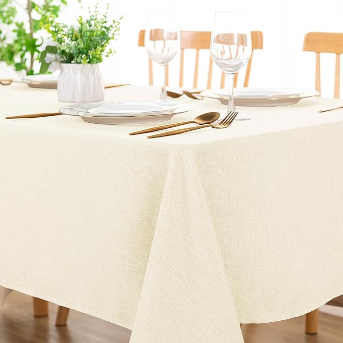 DWCN Rectangle Faux Linen Tablecloth - Textured Waterproof Spill-Proof Wrinkle and Stain Resistant Table Cloth Decorative Fabric Farmhouse Table Cover for Kitchen Dining, 60 x 120 Inch, Champagne