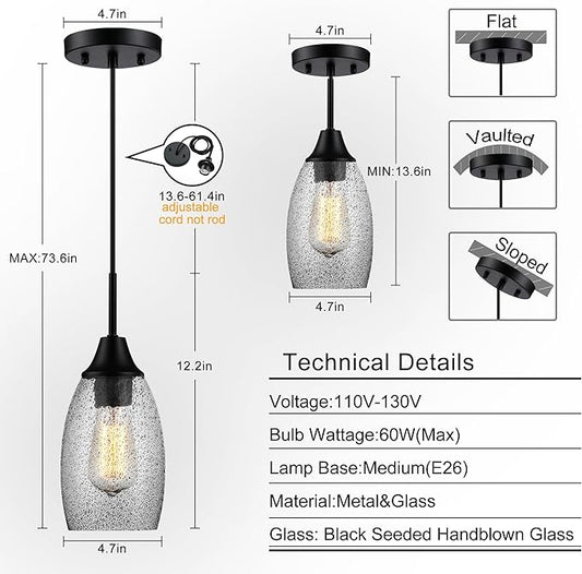 Viinew Mini Glass Pendant Light,4.72" Black Glass Hanging Light 3-Pack Handblown Clear Black Seeded Shade Adjustable Cord Ceiling Light Fixture for Kitchen Island Sink