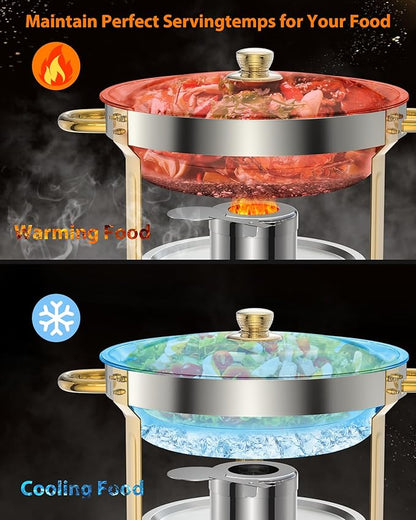 Chafing Dish for Buffet 2 Pack, 5 QT Round Chafing Dishes Buffet Set w/Lid Holder, Stainless Steel Chafers and Food Warmers with Spoon and Tweezers for Parties, Weddings, Events, Banquet, Gold