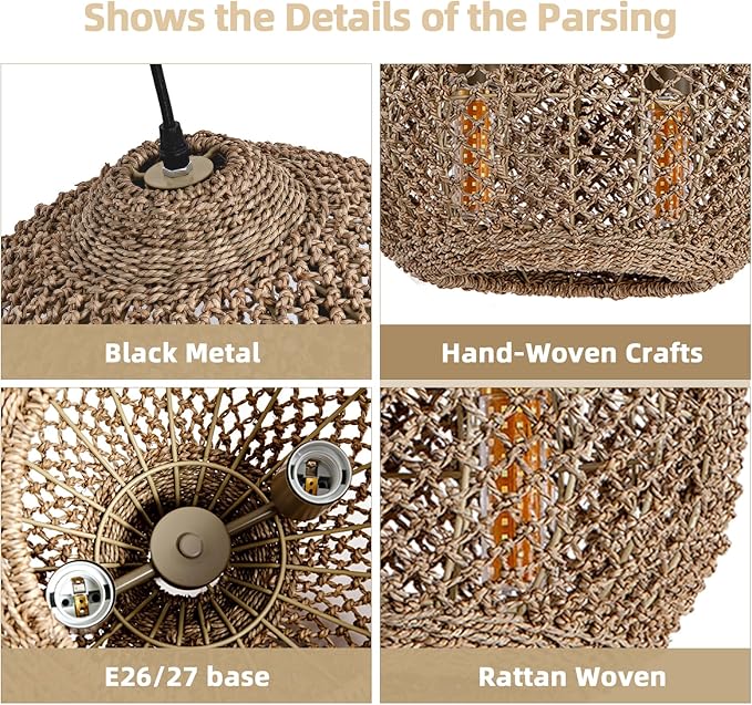 2-Light Rattan Pendant Light, Farmhouse Rattan Chandelier Boho Hand Woven Wicker Hanging Light Fixture for Kitchen Island Living Room Bedroom Dining Room Foyer