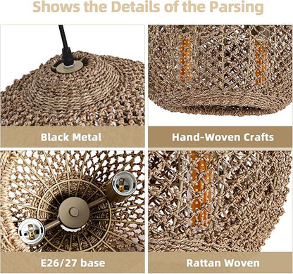 2-Light Rattan Pendant Light, Farmhouse Rattan Chandelier Boho Hand Woven Wicker Hanging Light Fixture for Kitchen Island Living Room Bedroom Dining Room Foyer