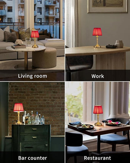 KDG Cordless Portables Table Lamp Set of 2, LED Fabric Shade Small Desk Lamps, 5000mAh Battery Powered Lighting, 2700K Stepless Dimmable Light for Living Room, Dining Room, Bedroom (Gold+Red)