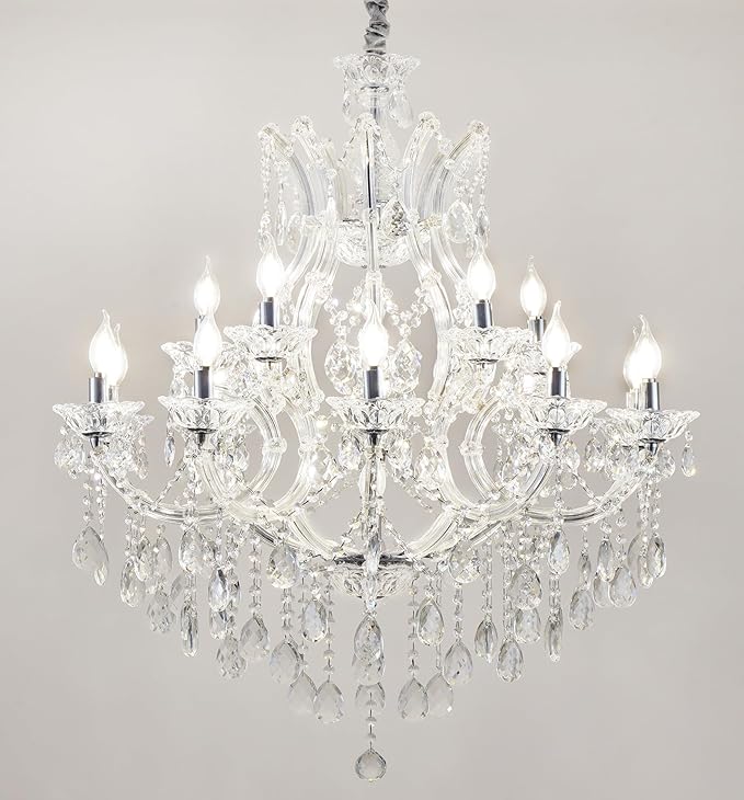 Transparent Crystal Chandelier 16-Light Modern K9 Crystal Chandelier Light Fixtures 33.5in Luxurious Ceiling Hanging Light Fixtures for Living Room, Dinning Room Staircase Entryway(16 Lights 2-Tier)
