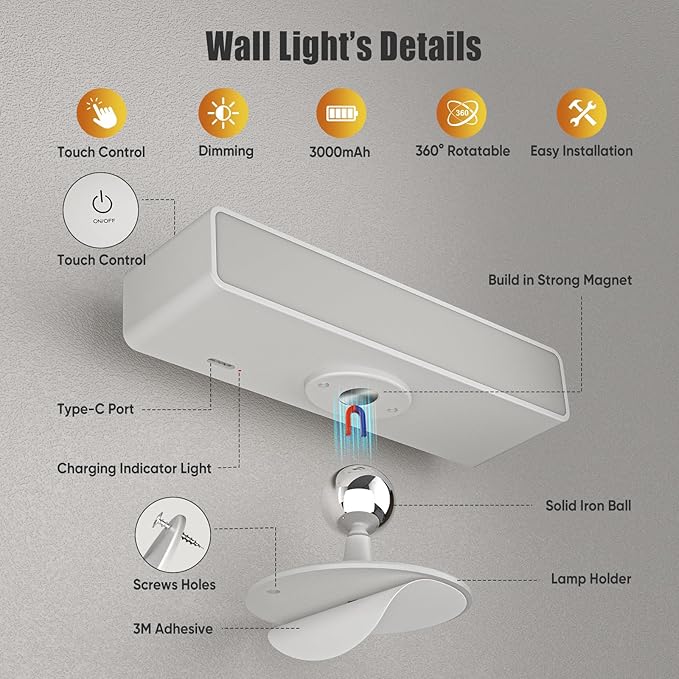 Honalia Rechargeable Wall Lights 2 Pack, Dimmable Cordless Wall Sconce with Magnetic 360 Rotation & Touch Control, Battery Operated Wall Mounted Lamp for Bedroom, Bedside Reading, Renters (No Wiring)