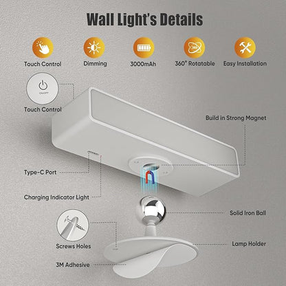 Honalia Rechargeable Wall Lights 2 Pack, Dimmable Cordless Wall Sconce with Magnetic 360 Rotation & Touch Control, Battery Operated Wall Mounted Lamp for Bedroom, Bedside Reading, Renters (No Wiring)