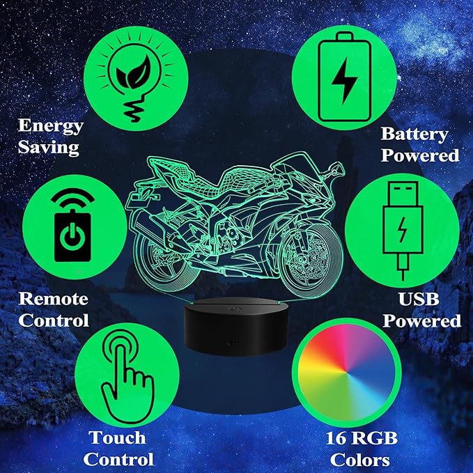 Motorcycle Night Light, Motorcycle Gifts, 3D Illusion Lamp with Remote Control, 16 RGB Colors, 4 Flashing Modes, Timer, Dimmable, Motorcycle Stuff for Decor for Holiday Birthday Christmas