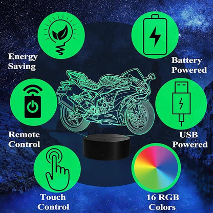 Motorcycle Night Light, Motorcycle Gifts, 3D Illusion Lamp with Remote Control, 16 RGB Colors, 4 Flashing Modes, Timer, Dimmable, Motorcycle Stuff for Decor for Holiday Birthday Christmas