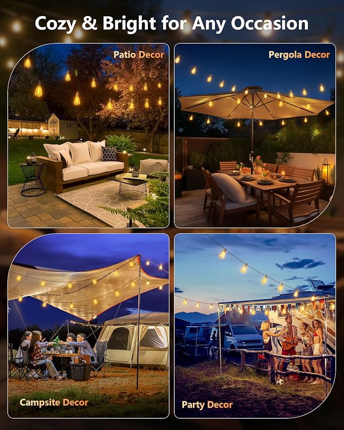 Brightown 38FT Solar String Lights Outdoor Waterproof with Remote, 15+1 LED Shatterproof Bulbs, Dimmable & Timable, 3 Light Modes - Commercial Grade Patio Lights for Garden Backyard Party Decor