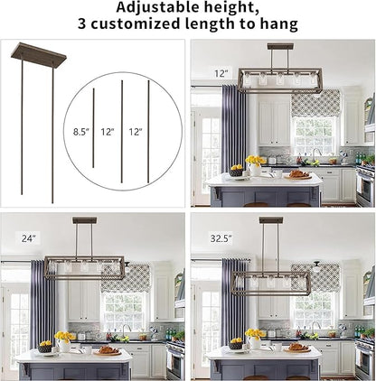 Upgraded Burlywood Dining Room Light Fixture - 5 Light Rectangle Light Fixtures with Clear Glass Shade& Adjustable Height& Thickened Metal Dining Table Lights Fixture Chandeliers for DiningRoom