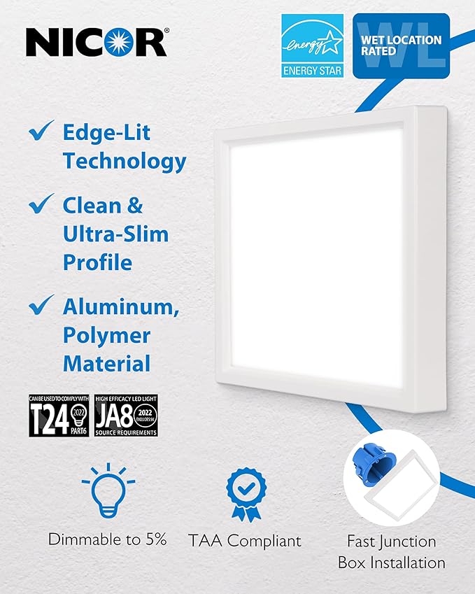 6” Square LED Surface Mount Ceiling Light - Dimmable Ceiling Light for Kitchen - Selectable CCT 2700K-5000K, 944-984 Lumens, 15.6W - DSE Edge-Lit Downlights for Ceiling, White by NICOR Lighting