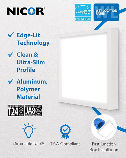6” Square LED Surface Mount Ceiling Light - Dimmable Ceiling Light for Kitchen - Selectable CCT 2700K-5000K, 944-984 Lumens, 15.6W - DSE Edge-Lit Downlights for Ceiling, White by NICOR Lighting