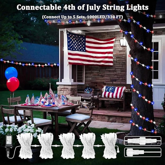 4th of July Red White and Blue Lights, Connectable 200 LED 66FT String Lights Plug in, 13 Modes July 4th Twinkle Lights for Indoor Outdoor Independence Day Memorial Day American Flag Patriotic Decor
