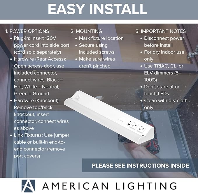 American Lighting LED Courant Plus Undercabinet Light 18 Inch 5CCT 90+ CRI 1000 Lumens with USB-A USB-C and 20A Receptacles White Finish Title 24 Compliant