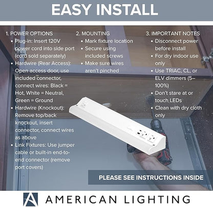 American Lighting LED Courant Plus Undercabinet Light 18 Inch 5CCT 90+ CRI 1000 Lumens with USB-A USB-C and 20A Receptacles White Finish Title 24 Compliant