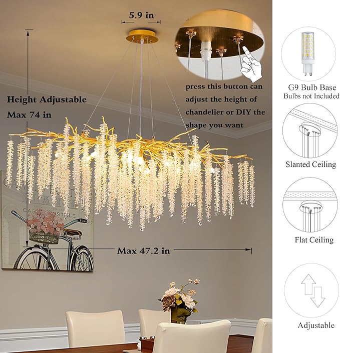 Tree Branch Chandelier L47 Luxury Rectangular Crystal Raindrop Pendant Light 13 Lights Kitchen Island Hanging Light Fixture for Living Room Dining Room Foyer Entryway Gold